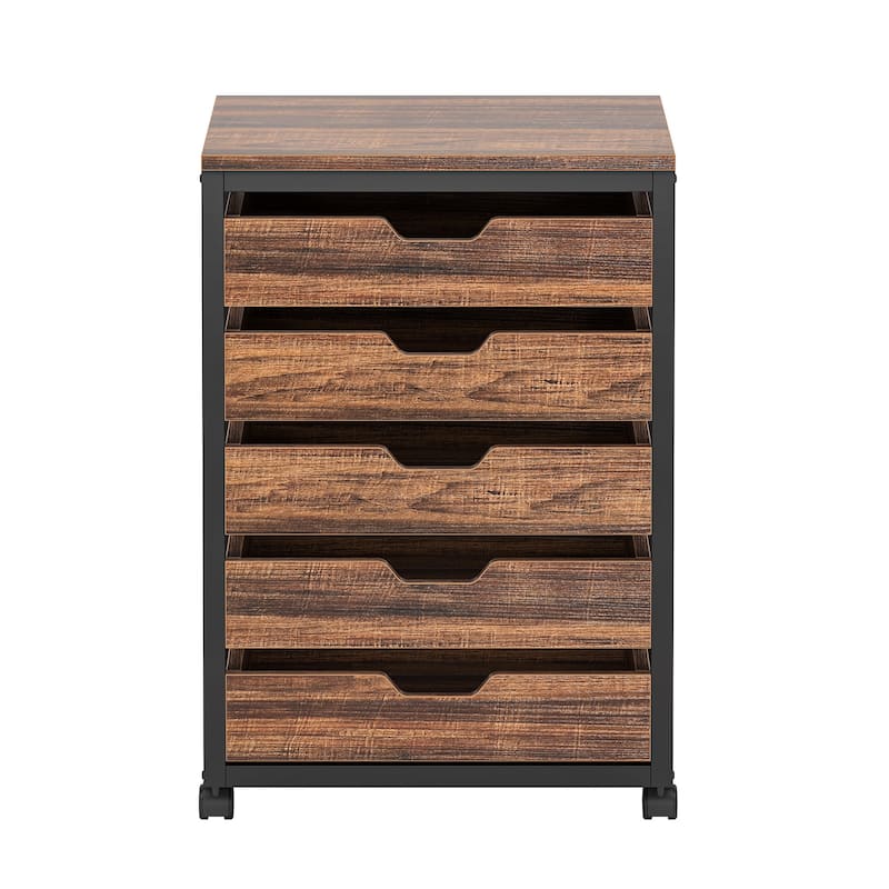 5 Drawer Chest, Wood Storage Dresser Cabinet with Wheels, Industrial Storage Drawer Organizer Cart for Office (1 PC)