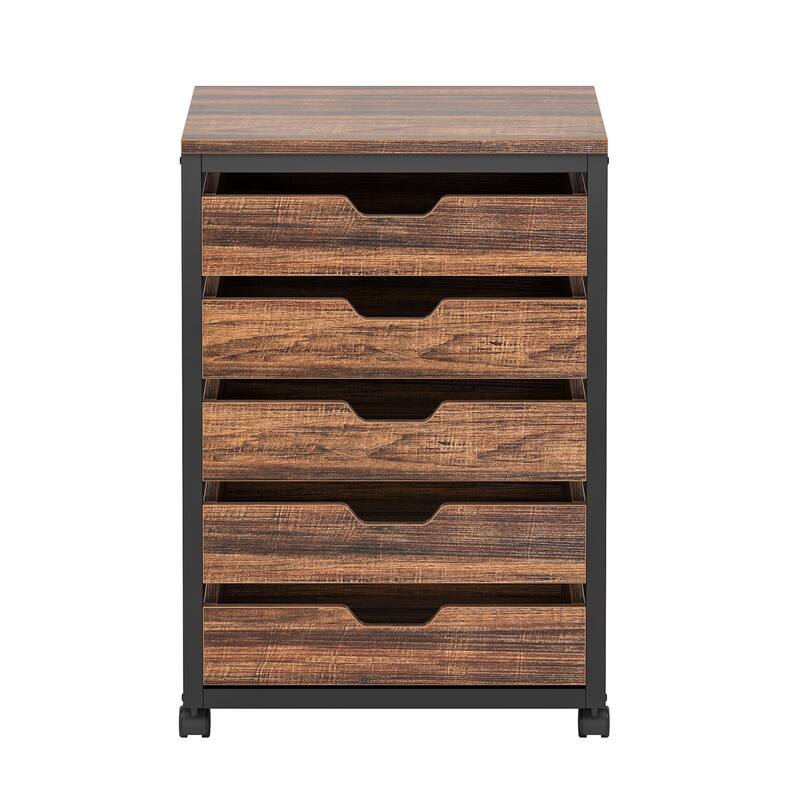 5 Drawer Chest, Wood Storage Dresser with Wheels, Brown