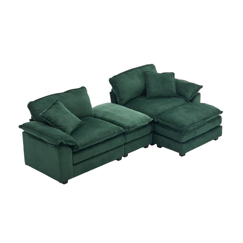 84.6" Corduroy 2-seats sofa With 2 back pillows,2 toss pillows and two ottoman