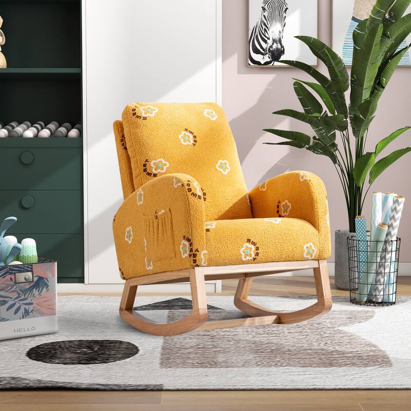 Boucle Rocking Chair with High Back, Side Pocket & Solid Wood Frame - Mustard