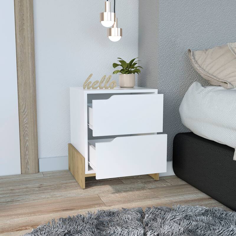 Modern 2-Drawer Nightstand with Spacious Storage, Sleek Design in White or White/Macadamia Finish