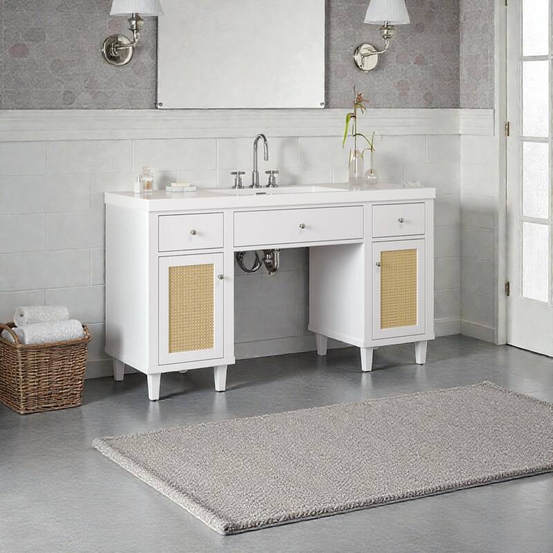 60" Bathroom Vanity with SMC Sink, Freestanding Single Sink Cabinet with Soft-Close Drawers, Tip-Out Tray & Rattan Doors