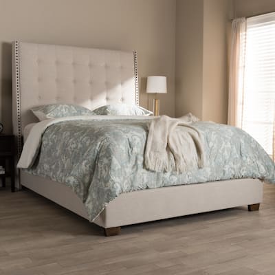 King Size Bed Frame Upholstered Beige Boho Headboard Nailhead Tufted Bed