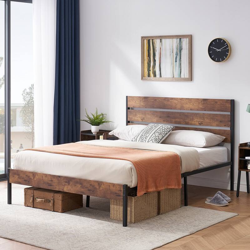 3-Pieces Bedroom Set with Rustic Brown Platform Bed Frame and Nightstands Set of 2