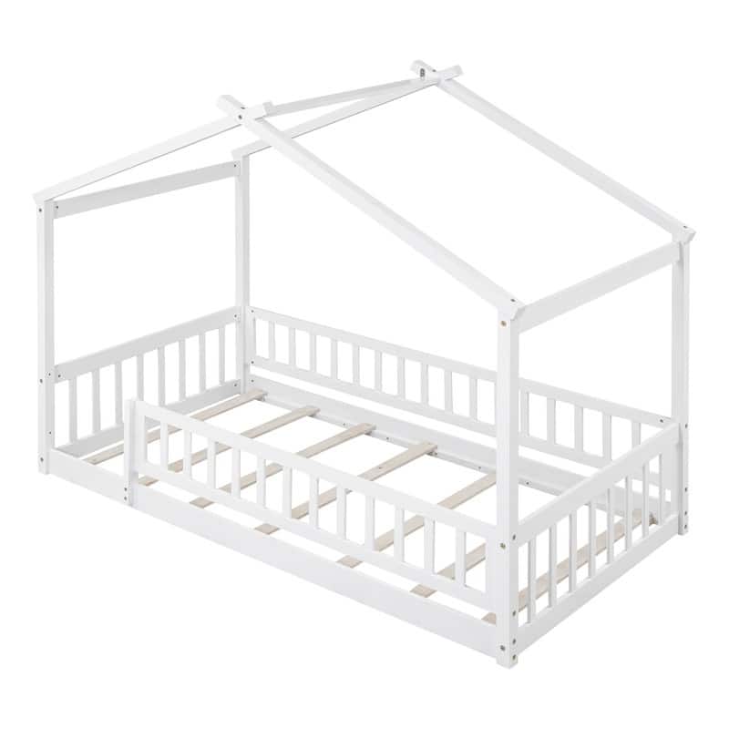 Twin Size Wood Bed House Bed Frame with Fence, for Kids, Teens, Girls ...