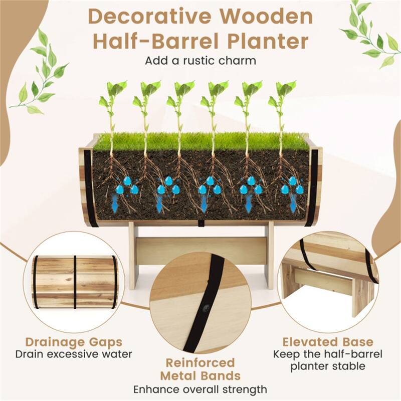 Outdoor Wooden Planter Solid Acacia Wood Half-Barrel Planter Box With Legs - Natural - 18" x 12" x 11.5"