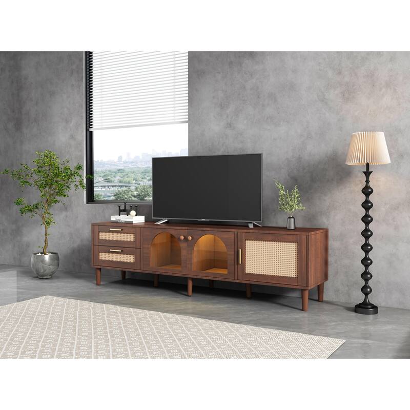 Rattan LED TV Stand with 3 Doors and 2 Drawers, Console Table with Solid Wood Legs, Entertainment Center with Storage Cabinets