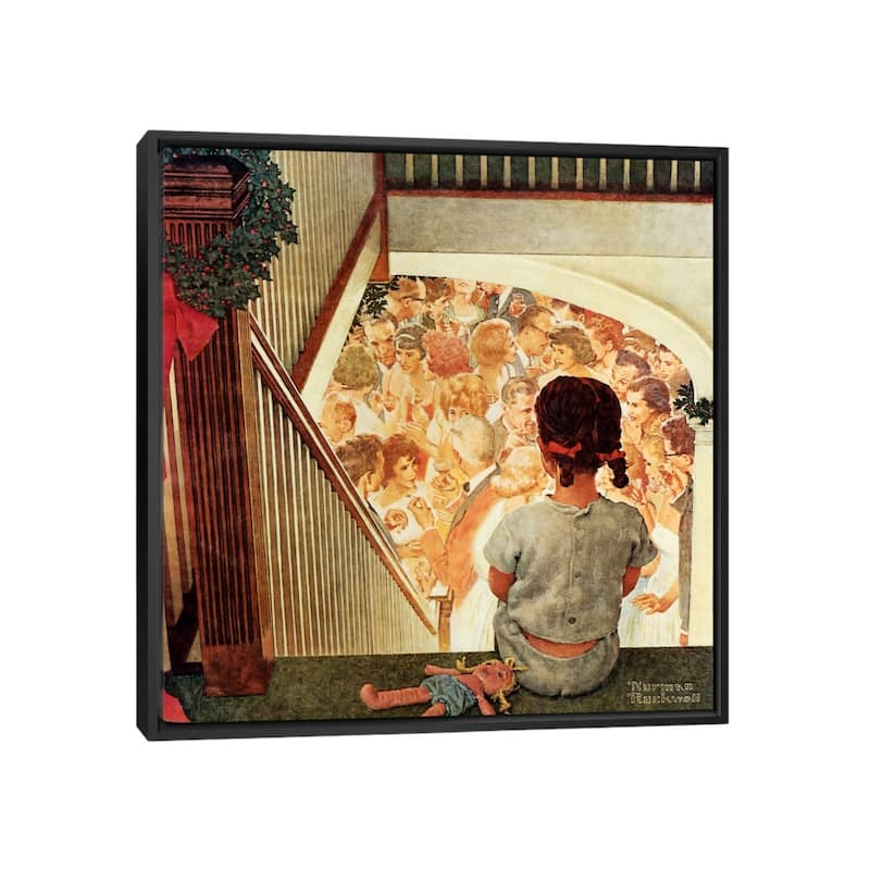 iCanvas "Little Girl Looking Downstairs at Christmas Party" by Norman Rockwell Framed Canvas Print - 26x26 - Black