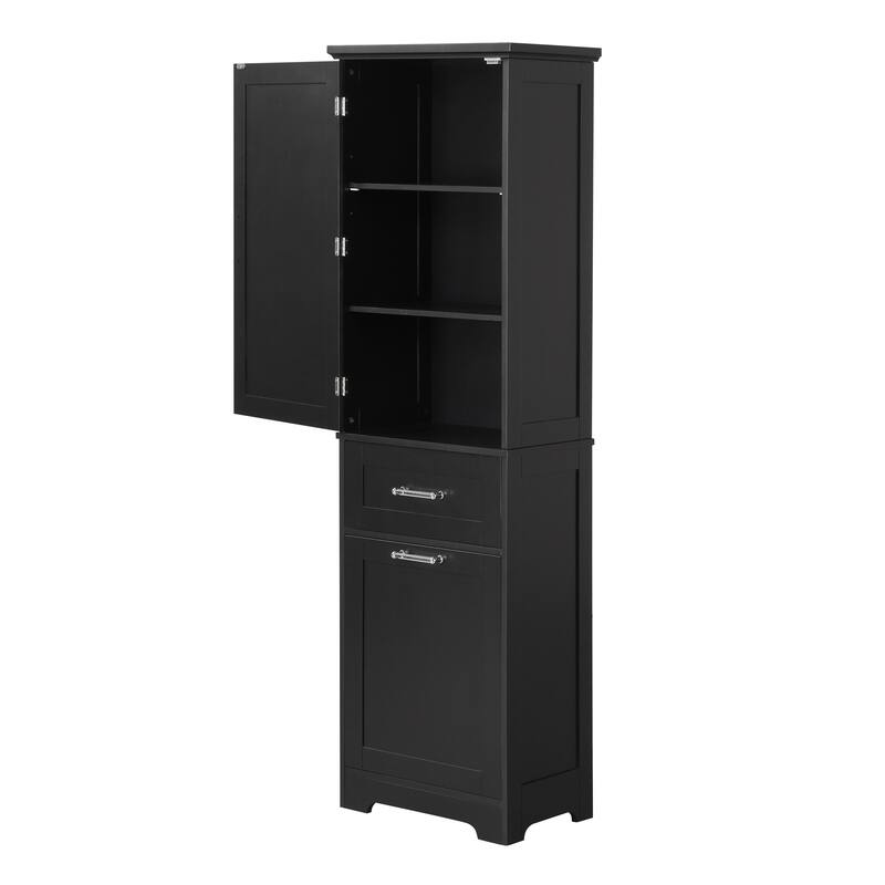 Roomfitters 63" Tall Bathroom Storage Cabinet, Freestanding Linen Tower with 2 Drawers and Adjustable Shelves, Black