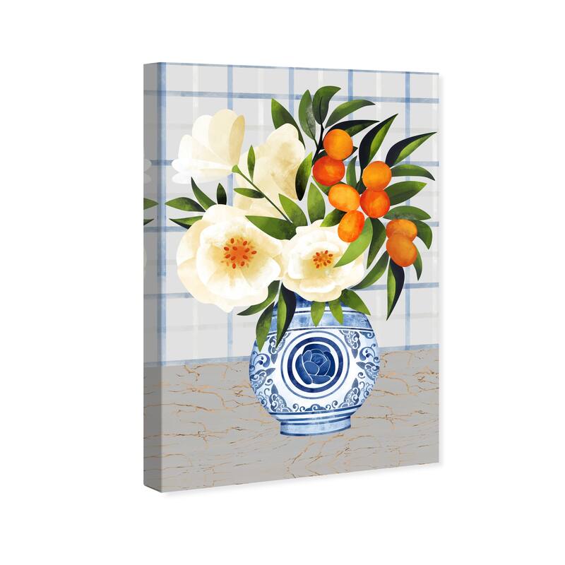 Wynwood Studio Canvas Floral and Botanical Frutti Flowers and Porcelain White and Dark Blue Tropical Wall Art Canvas Print