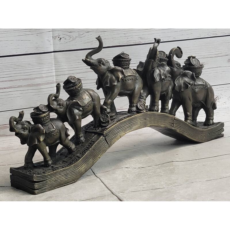Elephants Crossing Bridge Carrying Money Fortune Lucky Bronze Sculpture Statue Art Decor