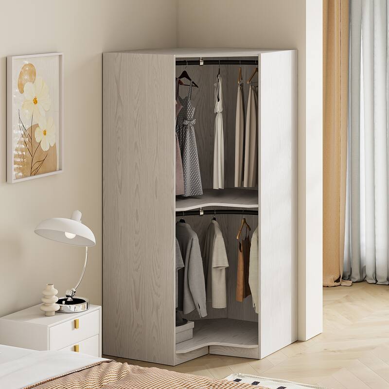 Polygonal Corner Wardrobe Armoire with Clothes Rail, Bedroom Wooden Wardrobe Storage Closets, Open Wardrobe for Bedroom