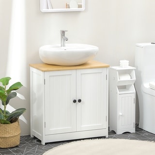 kleankin Pedestal Under Sink Cabinet with Double Doors, Modern Bathroom Vanity Storage Unit with Shelves, White
