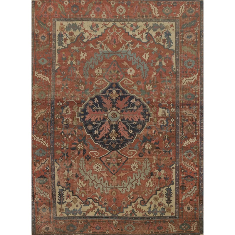 Hand Knotted Oriental 100% Wool Carpet Traditional Floral Oranges & Rust Heriz (serapi) Area Rug - 13' 7'' X 10' 8''