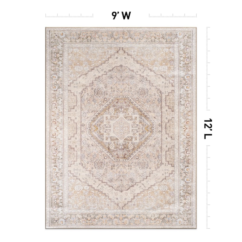 Beige Medallion Flat Pile Washable Rug - Pet Friendly, Non-Slip for Entryway and Bedroom