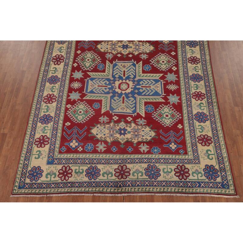 Red Geometric Kazak Area Rug Hand-Knotted Wool Carpet - 8'1" x 9'7"