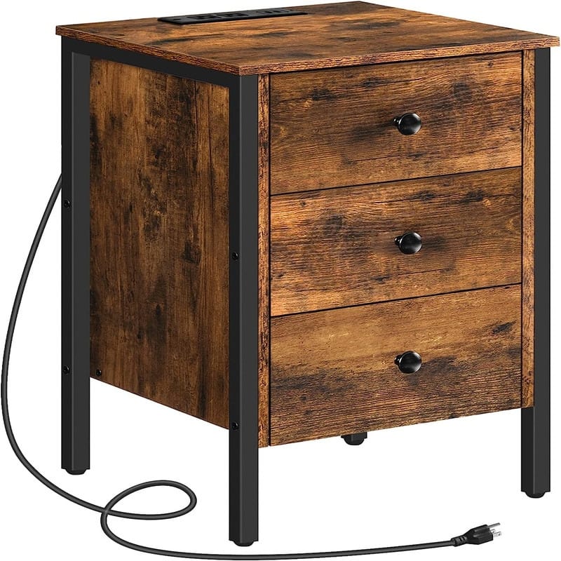 Nightstand with Charging Station - Rustic Brown - 3-drawer