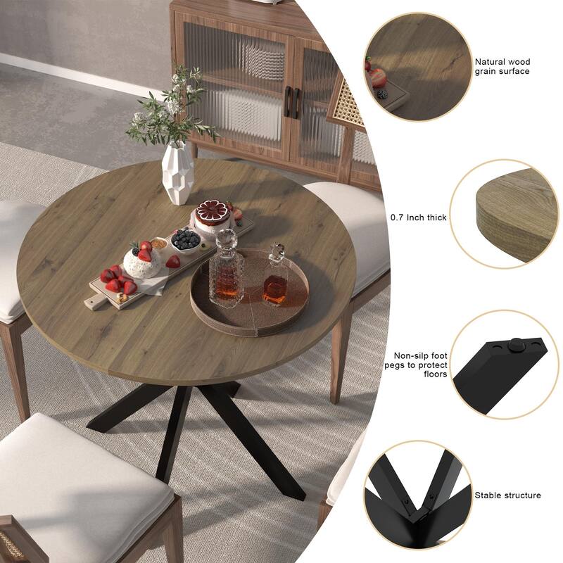 Anmytek Round Dining Table Modern Wood Top and Metal Frame Brown Industrial Kitchen Table