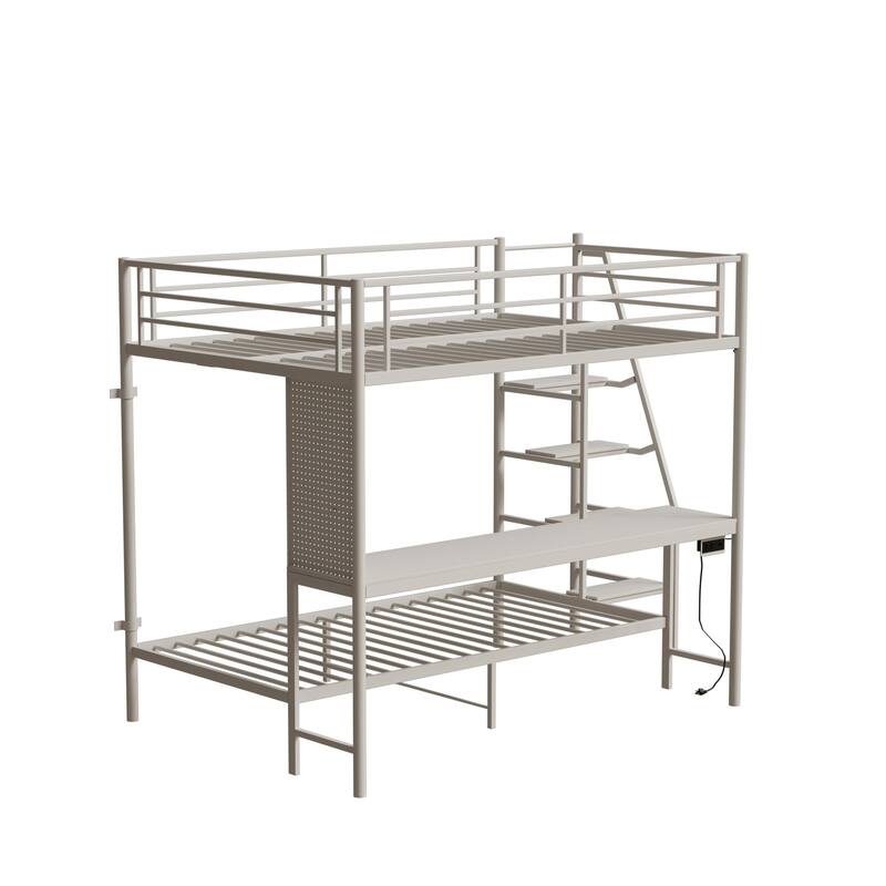 Full Size Bunk Bed with Twin Size, LED light and Charging Socket