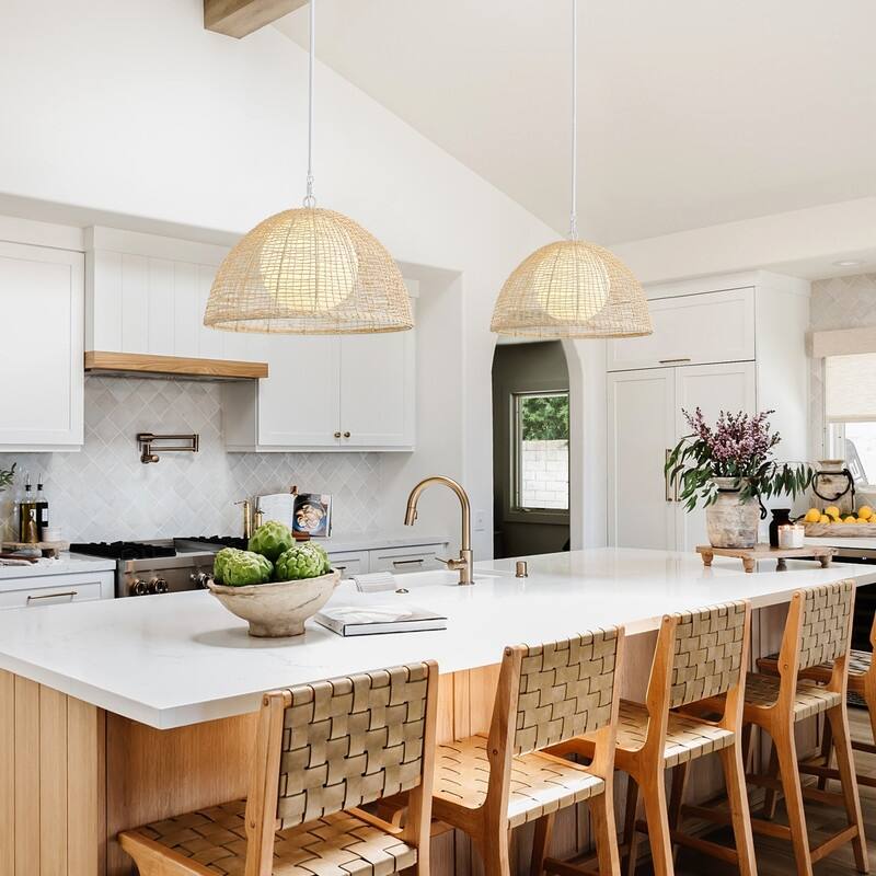 Modern 1 Light White Rattan and Frosted Glass Pendant Light Matte White Ceiling Fixture