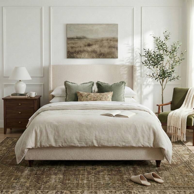 Christopher Knight Home - Modern 52.7" Tall Wingback Boucle Upholstered Platform Bed Frame with Solid Wood Legs & Slat Support