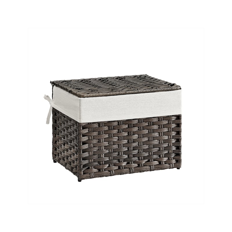 Portable Wicker Basket with Lid Waterproof Foldable Laundry Hamper with Washable Liner and Cut-Out Handles - 35L - Brown