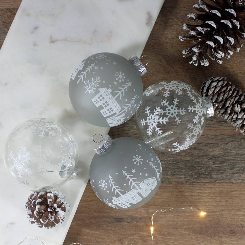 4 ct Gray Clear Glass Ball Hanging Christmas Ornaments 3.25-Inch