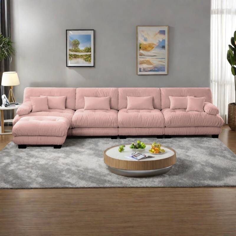 173.2" Chenille Modular 4-Seater L-Shaped Cloud Sectional Sofa with Ottoman - Pink