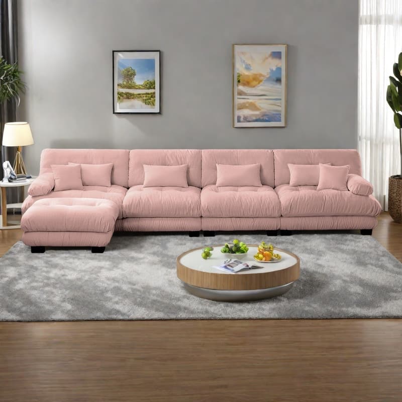173.2" Chenille Modular 4-Seater L-Shaped Cloud Sectional Sofa with Ottoman