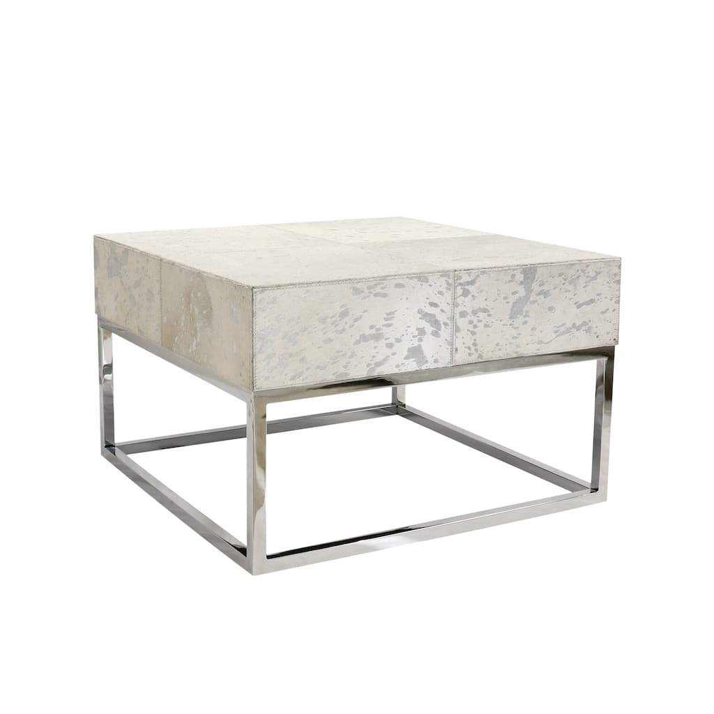 Pasargad Home Safari Steel & Cowhide Coffeetable, Silver - W24"XD24"XH15"