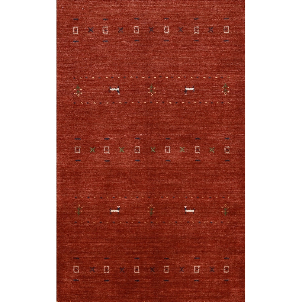 Hand Knotted Oriental 100% Wool Carpet Tribal Animal Pictorial Oranges & Rust Gabbeh Area Rug - 4' 11'' X 2' 10''