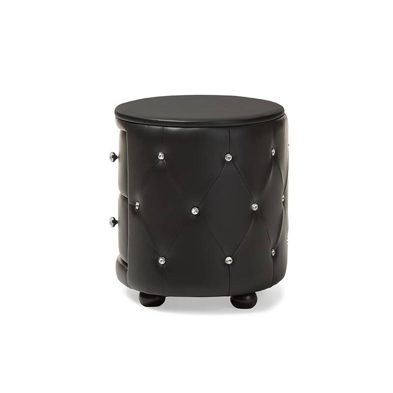 Glam Oval 2-Drawer Faux Leather Nightstand with Crystal Tufting and Smooth Black Upholstery