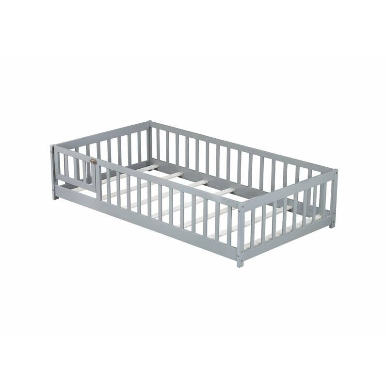 Floor Bed with Fence and Door, Rubber Wood Floor Bed with Safety Guardrails