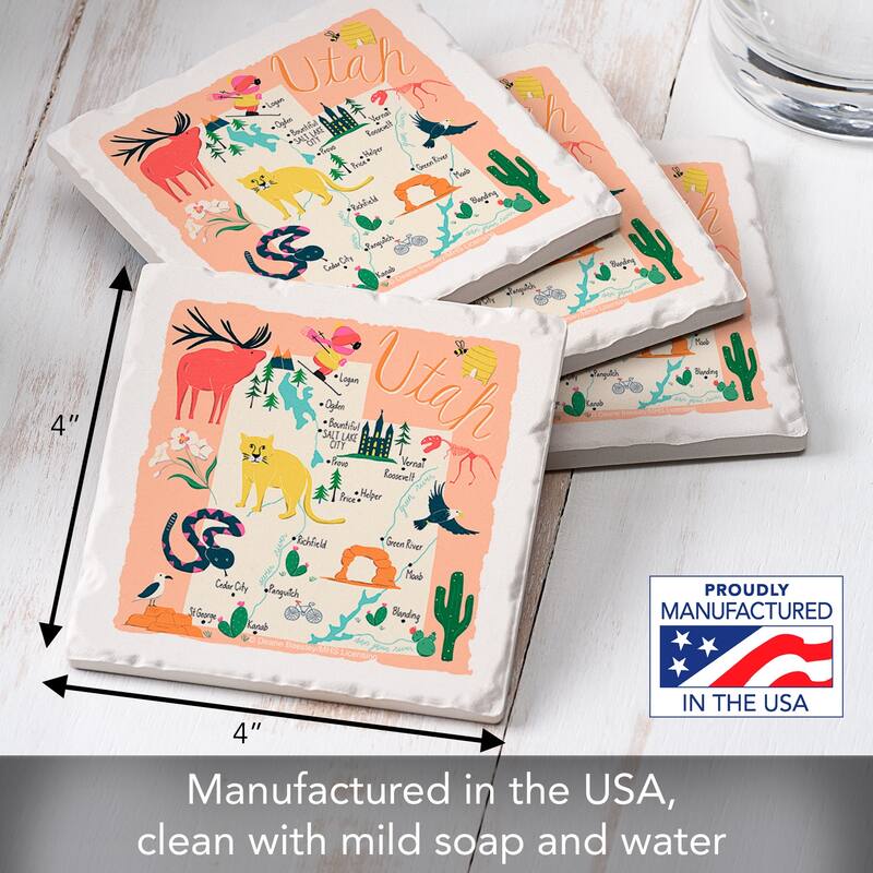 Utah Home 4-Pack Absorbent Stone Coasters with Protective Cork Backing 4" Square Made in The USA Artistic Easily Wipes Clean