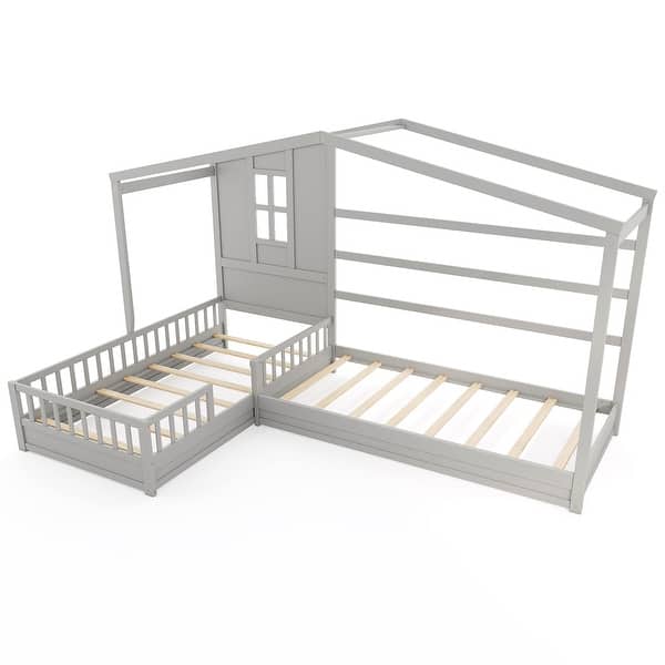 slide 2 of 20, L-Shaped Double Twin House Platform Beds with Full-Length Guardrails and Decorative Window