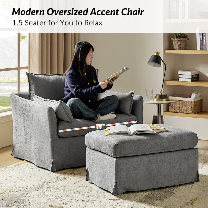 Sophie Modern Oversized Slipcovered Armchair and Ottoman with Lockable Rear Wheels by HULALA HOME
