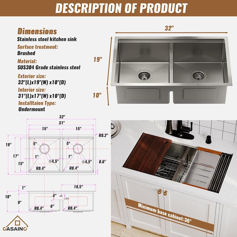 Stainless Steel Sink 33 in. 16-Gauge Double Bowl Undermount Workstation Kitchen Sink in Brushed with Accessories - 33" x 19"