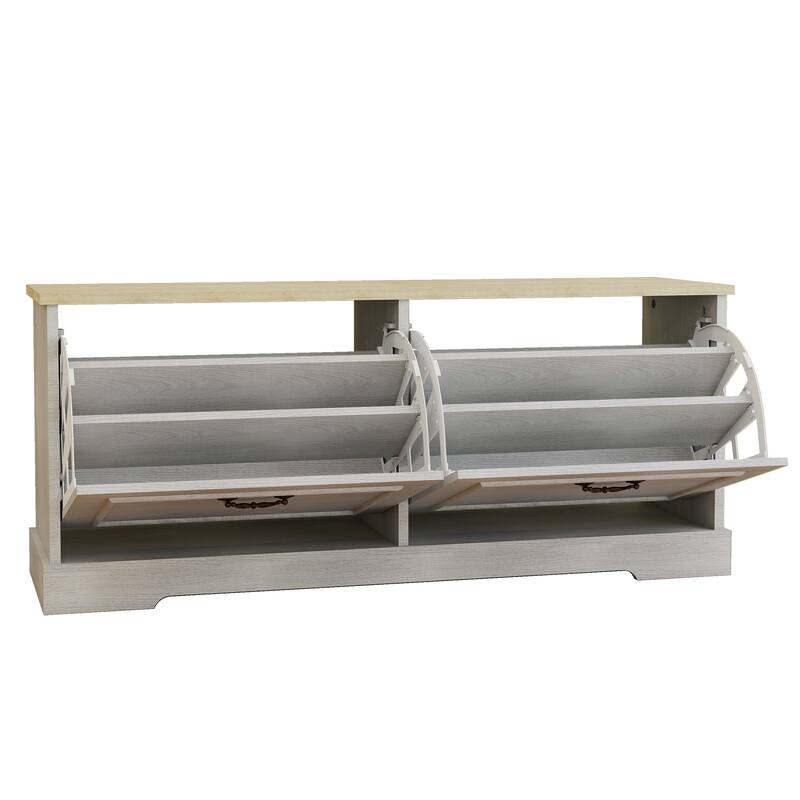 Shoe Storage Bench with 2 Flip Drawers and Adjustable Shelf for Entryway, Hallway, Bedroom-Antique White