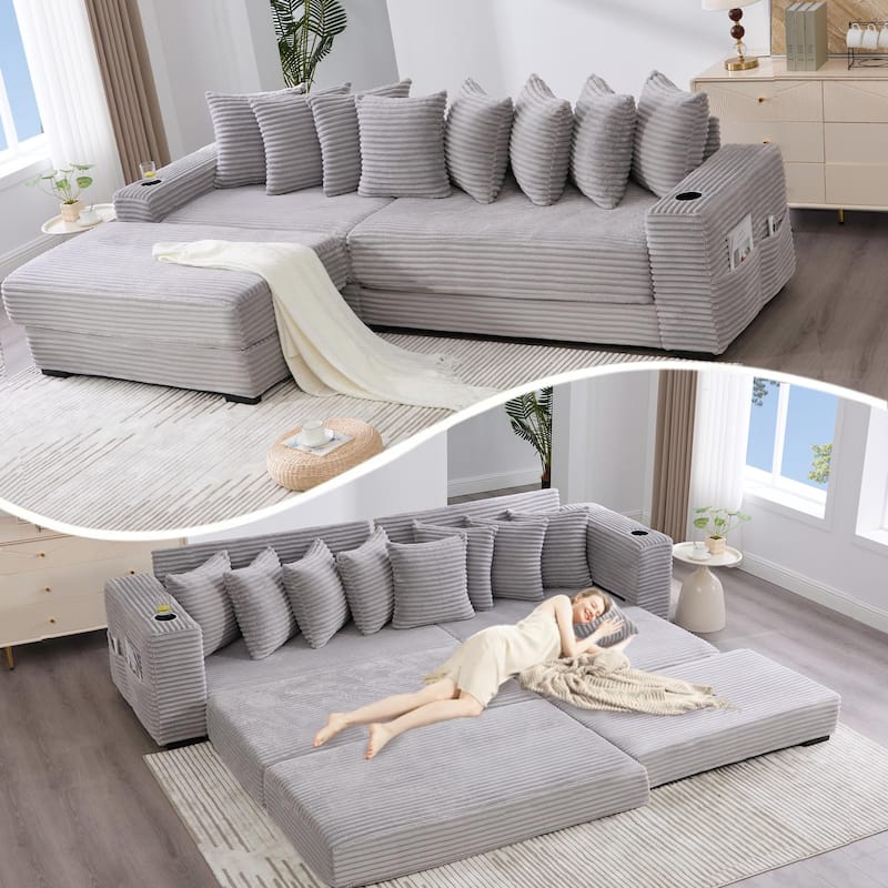110.75" Corduroy Sectional Sofa, Convertible Sleeper Sofa Bed L-Shaped Upholstered Couch with Removable Footstool, Cup Holder - Dark Gray