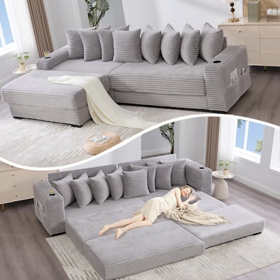 110.75" Corduroy Sectional Sofa, Convertible Sleeper Sofa Bed L-Shaped Upholstered Couch with Removable Footstool, Cup Holder