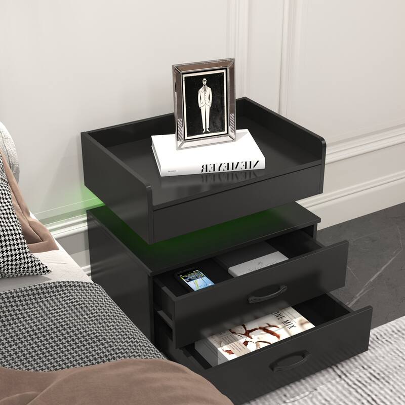 Nightstand with LED Strip Light and 2 Drawers, Bedside End Table with Storage for Bedroom Living Room Study