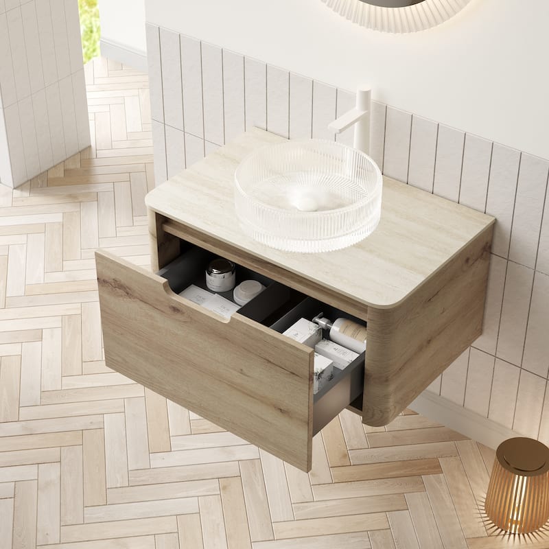 Floating Bathroom Vanity with Round Sink, Wall-Mounted Bathroom Storage Cabinet with Roma Travertine-Pattern Sintered Stone Top