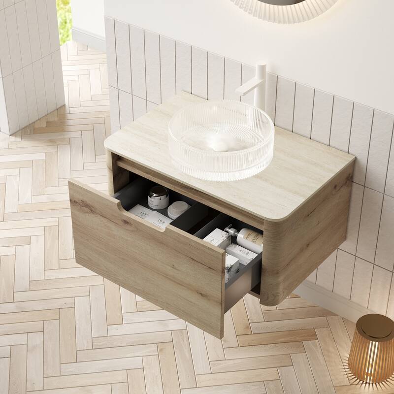 GDFStudio - Xai Floating Bathroom Vanity with Transparent Round Glass Basin, Roma Travertine-Pattern Sintered Stone Top - 30" - White Oak