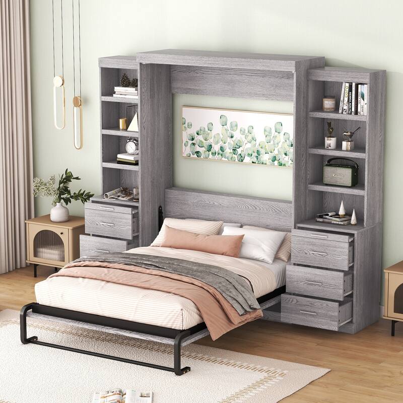 Space-Saving Full Size Murphy Bed with Storage Shelves and Drawers, Gray