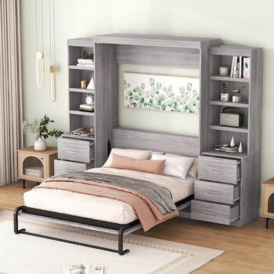Wood Full Size Murphy Bed with Side Storage Shelves and Drawers, Hidden Foldable Into Cabinet Platform Bed, No Box Spring Needed