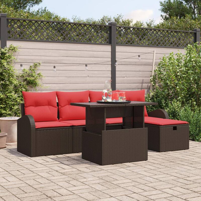 vidaXL 6 Garden Sofa Set with Cushions Black/Brown/Grey Poly Rattan - 92.1 x 46.1 x 27.2 - Brown