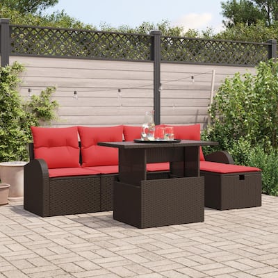 vidaXL 6 Garden Sofa Set with Cushions Black/Brown/Grey Poly Rattan - 92.1 x 46.1 x 27.2