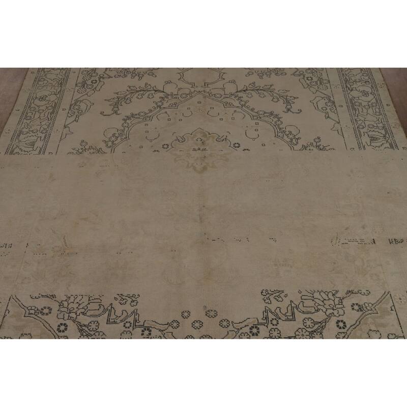 Distressed Tabriz Persian Vintage Rug Handmade Beige Wool Carpet - 8'0" x 11'6"
