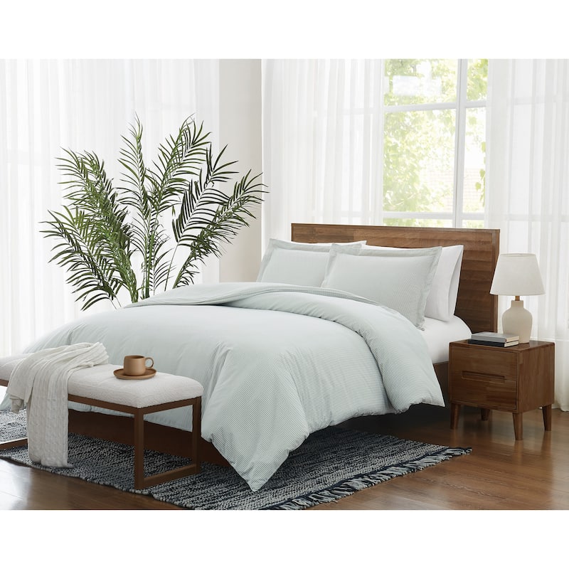 Brooklyn Loom Pinstripe 3 Piece Duvet Cover Set - Full - Queen - White/Navy