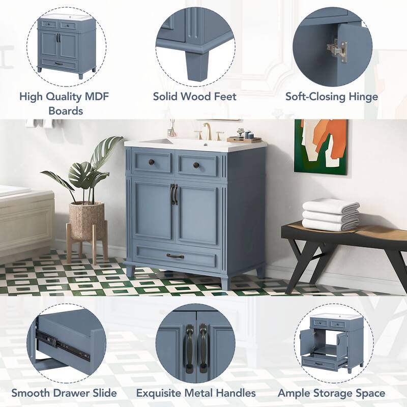 30-Inch Blue Modern Bathroom Vanity with Resin Sink, Soft-Close Doors & Multi-Purpose Storage Cabinet